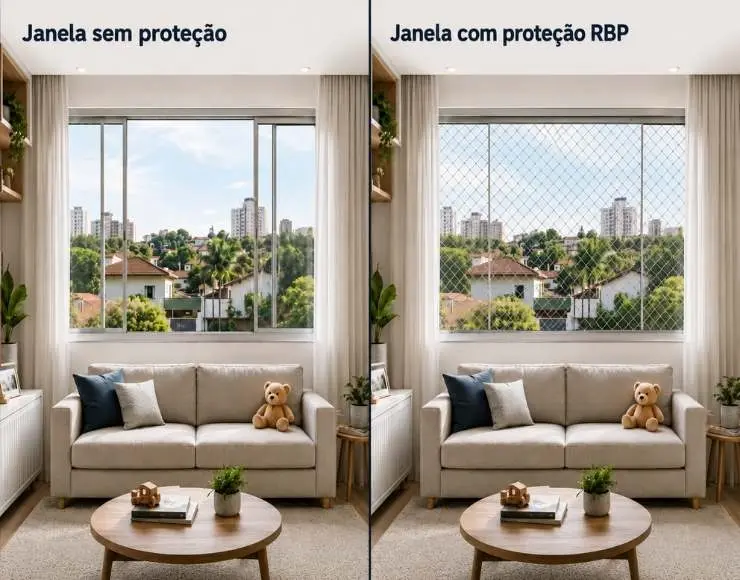 Criança protegida por rede de proteção em janela de apartamento